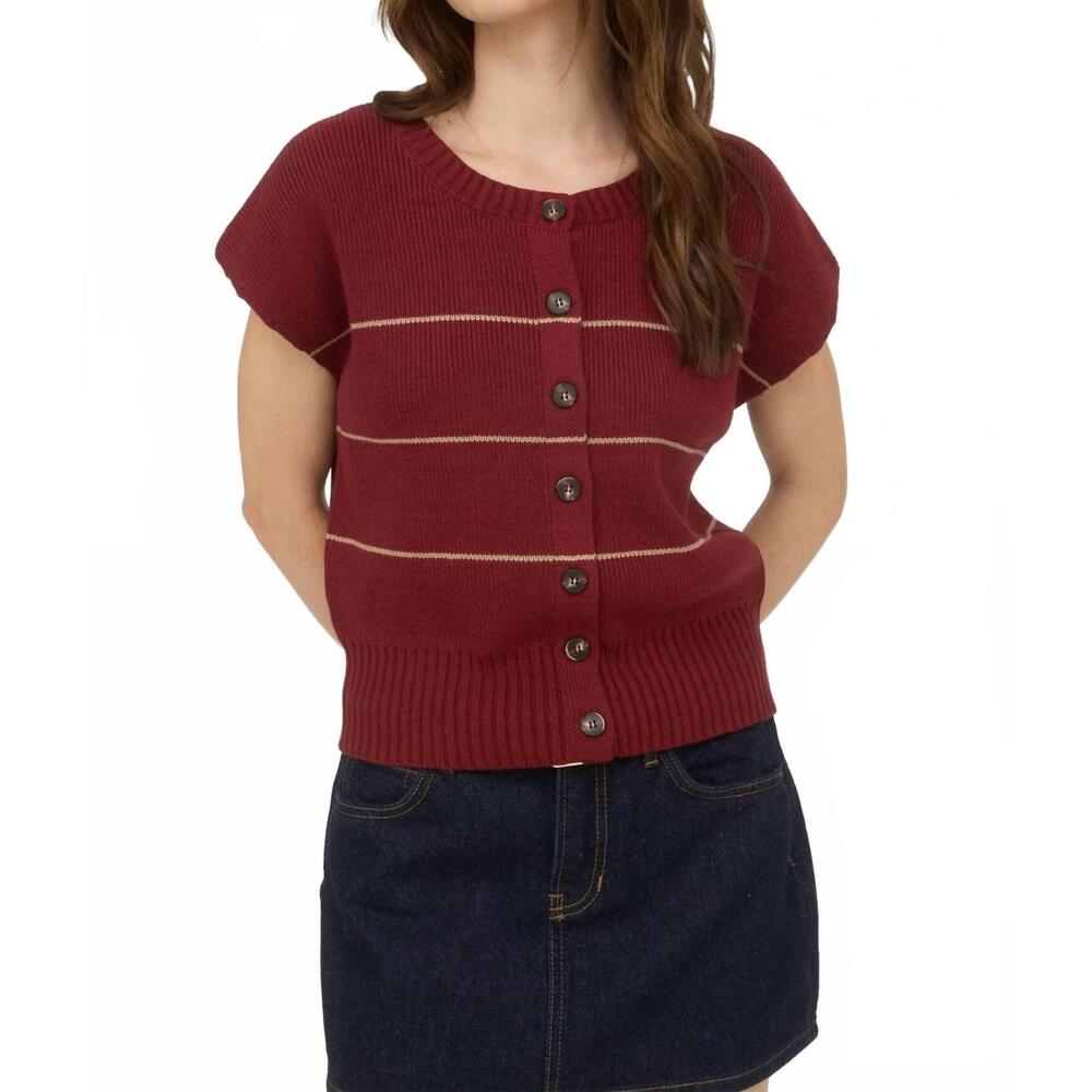 NEW THE WORKSHOP STUDIO stripe button down short sleeve knit cardigan in burgund